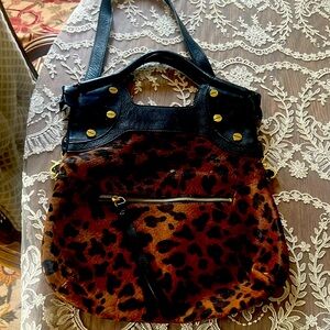 leopard faux fur and leather trim bag